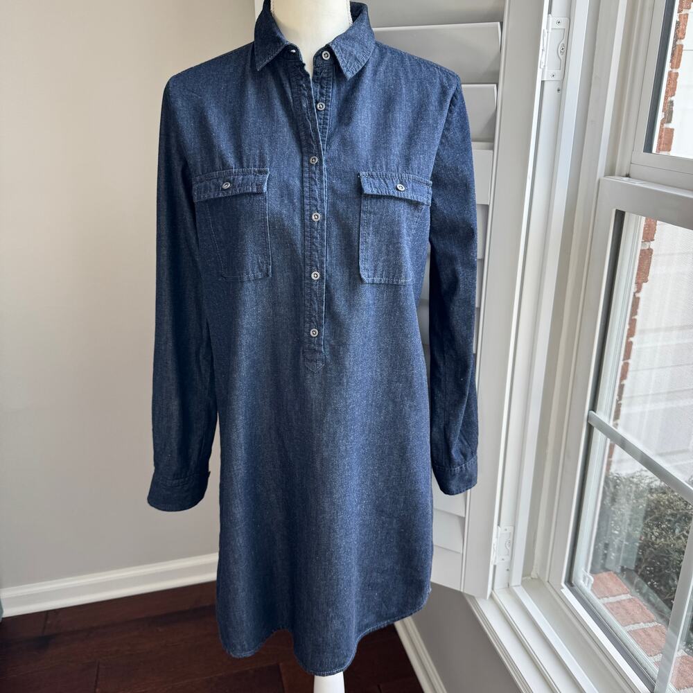 LOFT Denim Shirt Dress Blue Chambray Long Sleeve Roll Tab Sleeves Womens Small - Picture 8 of 12